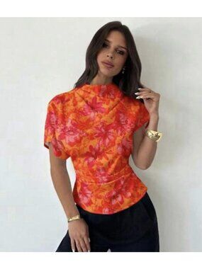Shein Firerie Burnt Orange Summer Floral Cap Sleeve Party Blouse XL